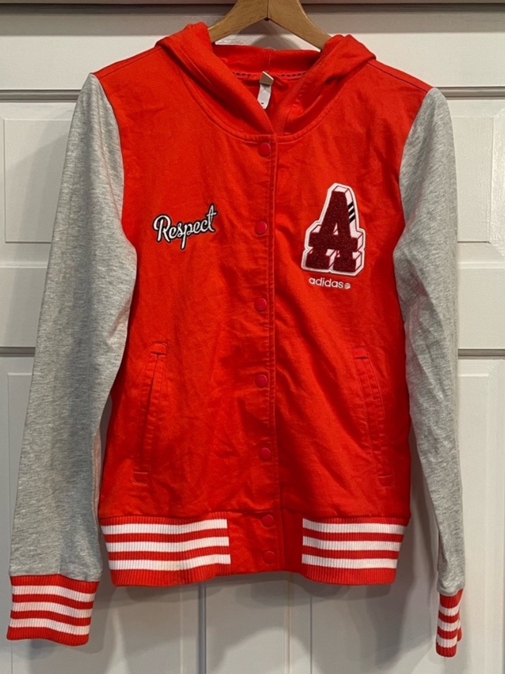 Adidas NEO Women's Hooded Varsity Jacket Medium Red Orange Gray Letterman Bomber